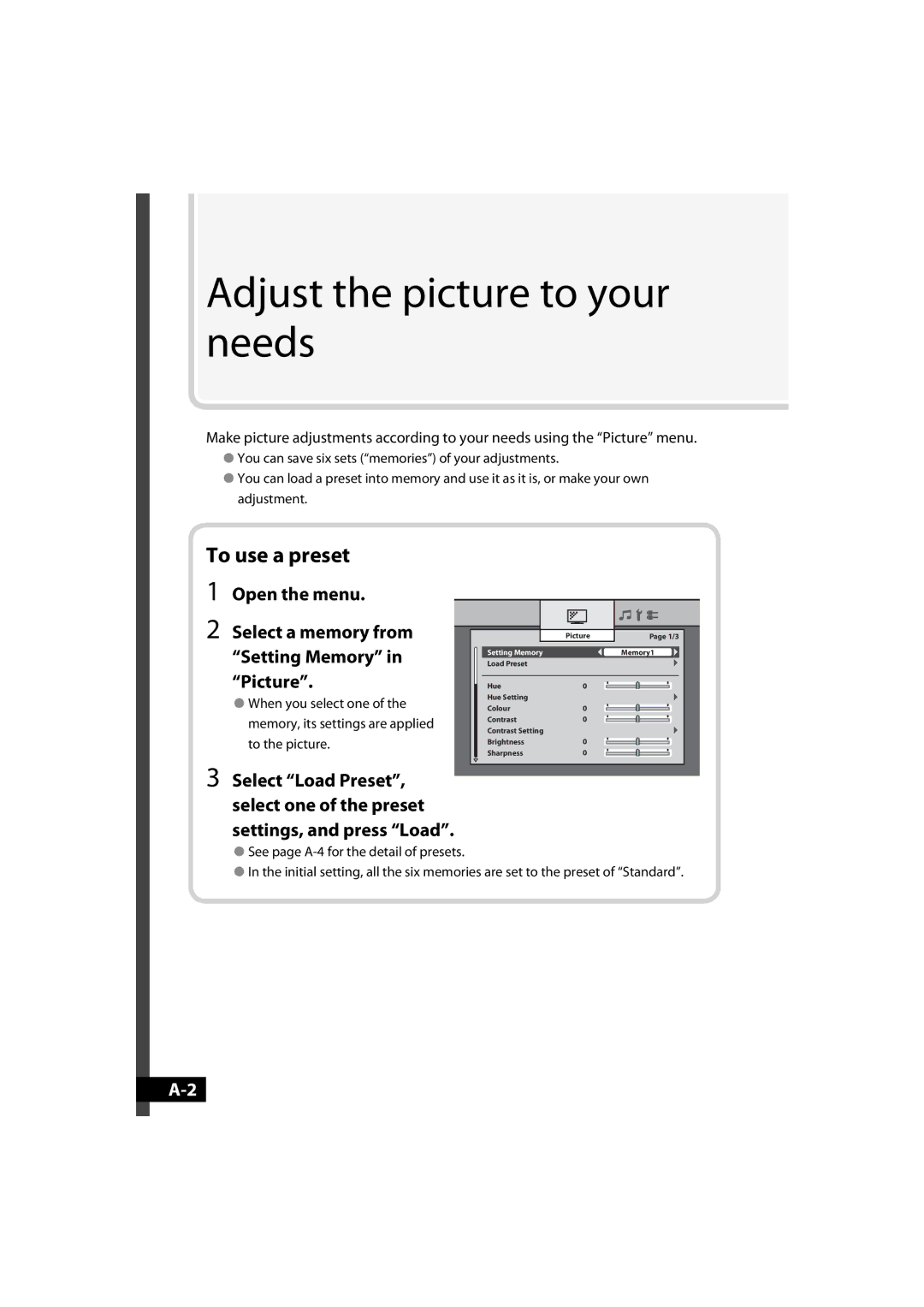 JVC GD-42X1E manual Open the menu, Select a memory from Setting Memory in Picture 