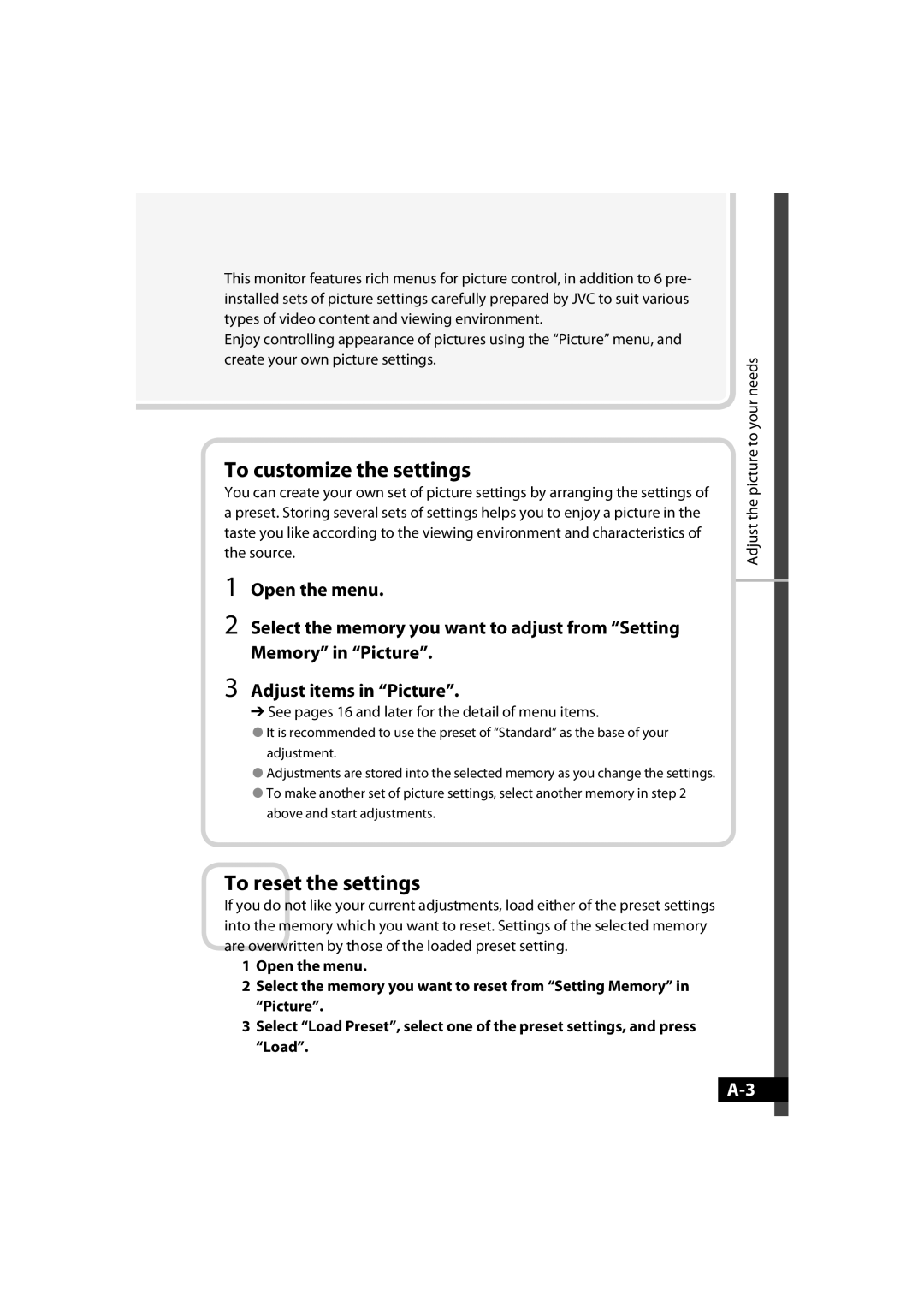 JVC GD-42X1E manual To customize the settings 