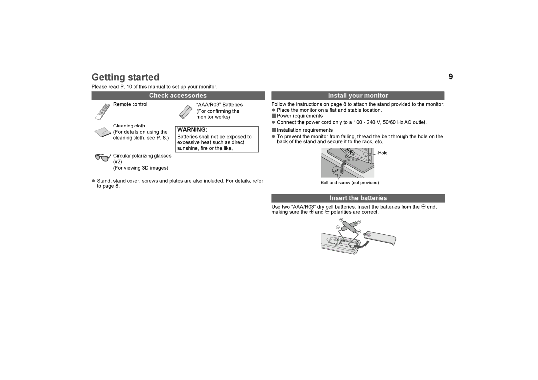 JVC LCT2574-001A-H, GD-463D10E, GD-463D10U Getting started, Check accessories Install your monitor, Insert the batteries 