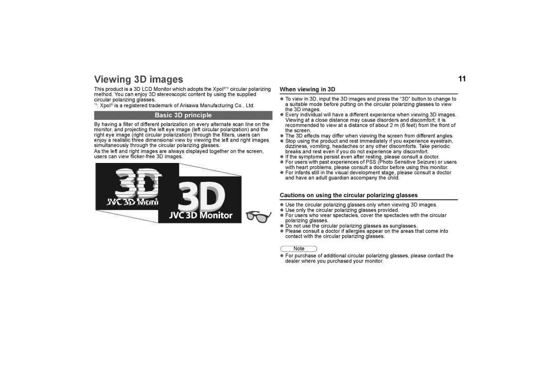 JVC GD-463D10E, GD-463D10U, LCT2574-001A-H, 0509SKH-SW-MT Viewing 3D images, Basic 3D principle, When viewing in 3D 