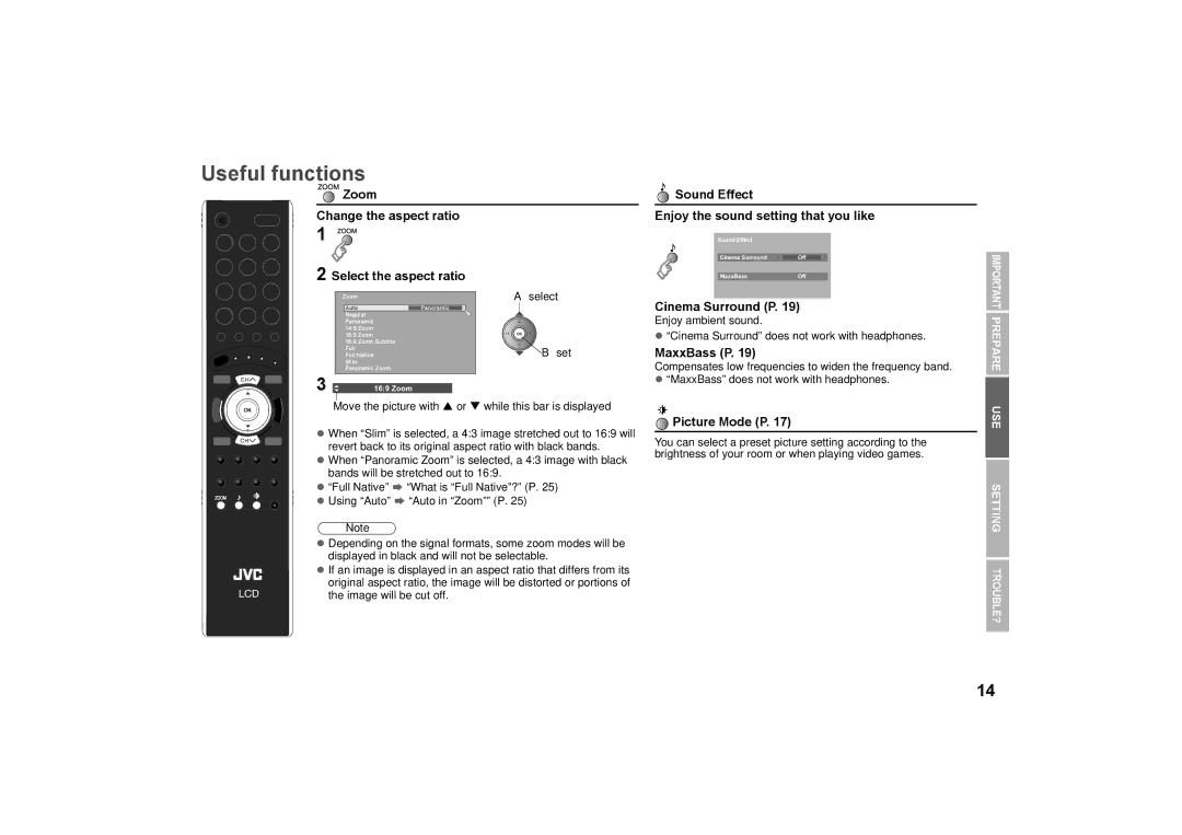 JVC 0509SKH-SW-MT, GD-463D10E Useful functions, Select the aspect ratio, Cinema Surround P, MaxxBass P, Picture Mode P 