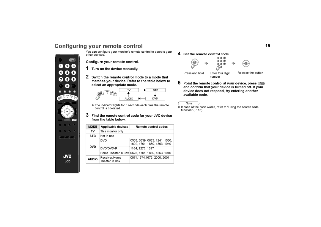 JVC GD-463D10E, GD-463D10U specifications Configuring your remote control, Set the remote control code, Remote control codes 