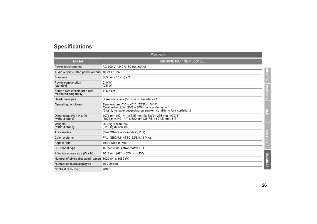 JVC 0509SKH-SW-MT, LCT2574-001A-H specifications Specifications, Main unit, Model GD-463D10U / GD-463D10E 