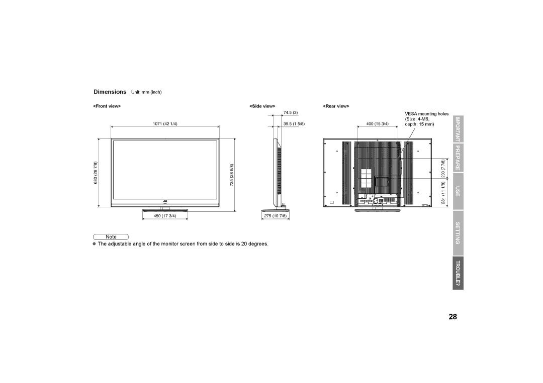 JVC GD-463D10U, GD-463D10E, LCT2574-001A-H, 0509SKH-SW-MT specifications Important Prepare USE Setting 