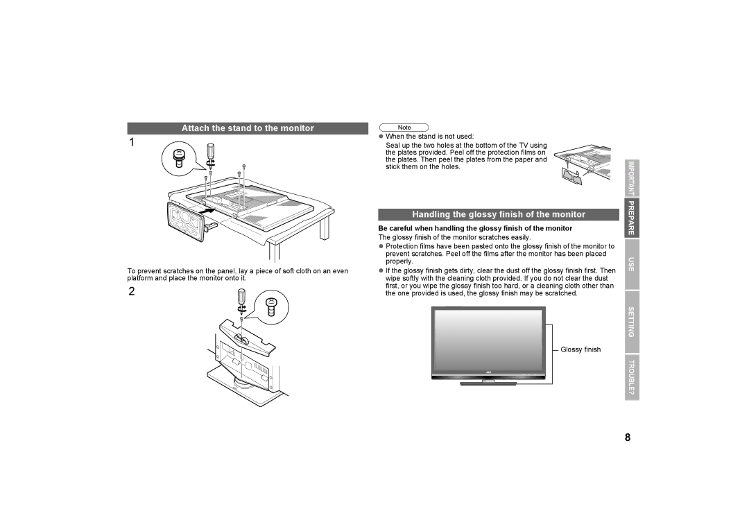 JVC GD-463D10U, GD-463D10E, LCT2574-001A-H Attach the stand to the monitor, Handling the glossy finish of the monitor 