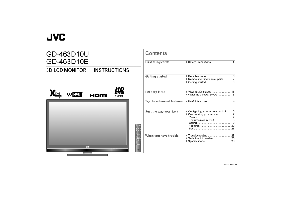 JVC specifications Contents, GD-463D10U GD-463D10E, 3D LCD MONITOR INSTRUCTIONS, First things first, Getting started 