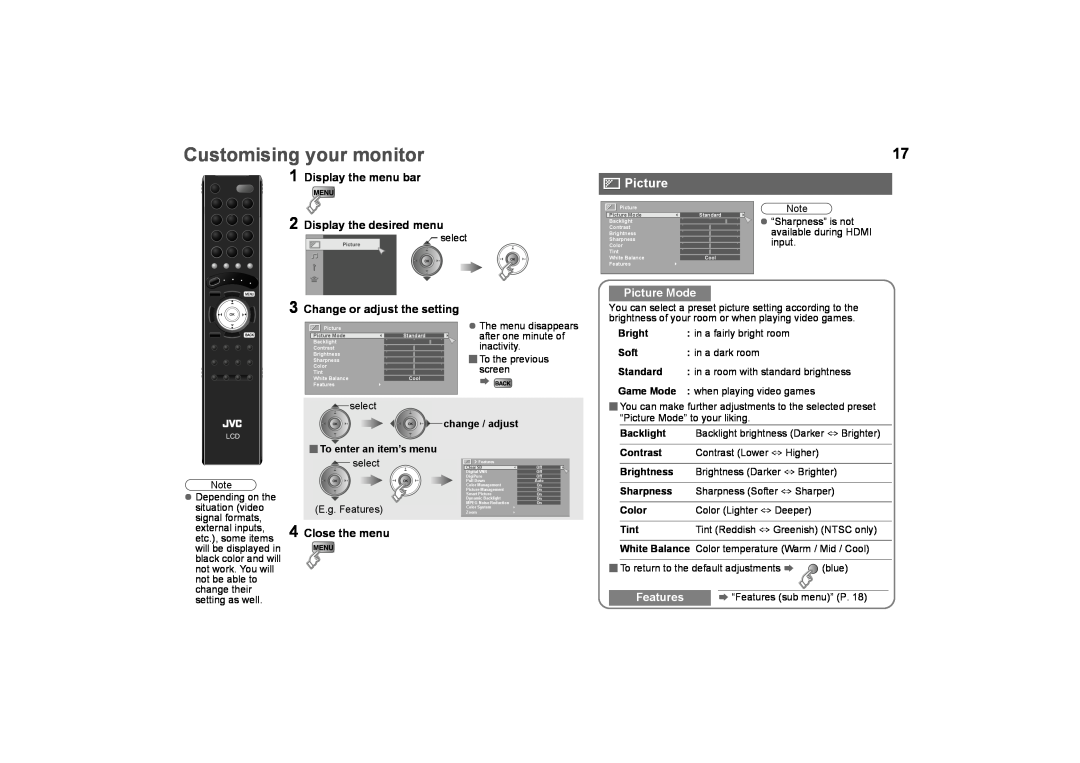 JVC LCT2574-001A-H Customising your monitor, Picture Mode, Change or adjust the setting, Bright, Soft, in a dark room 