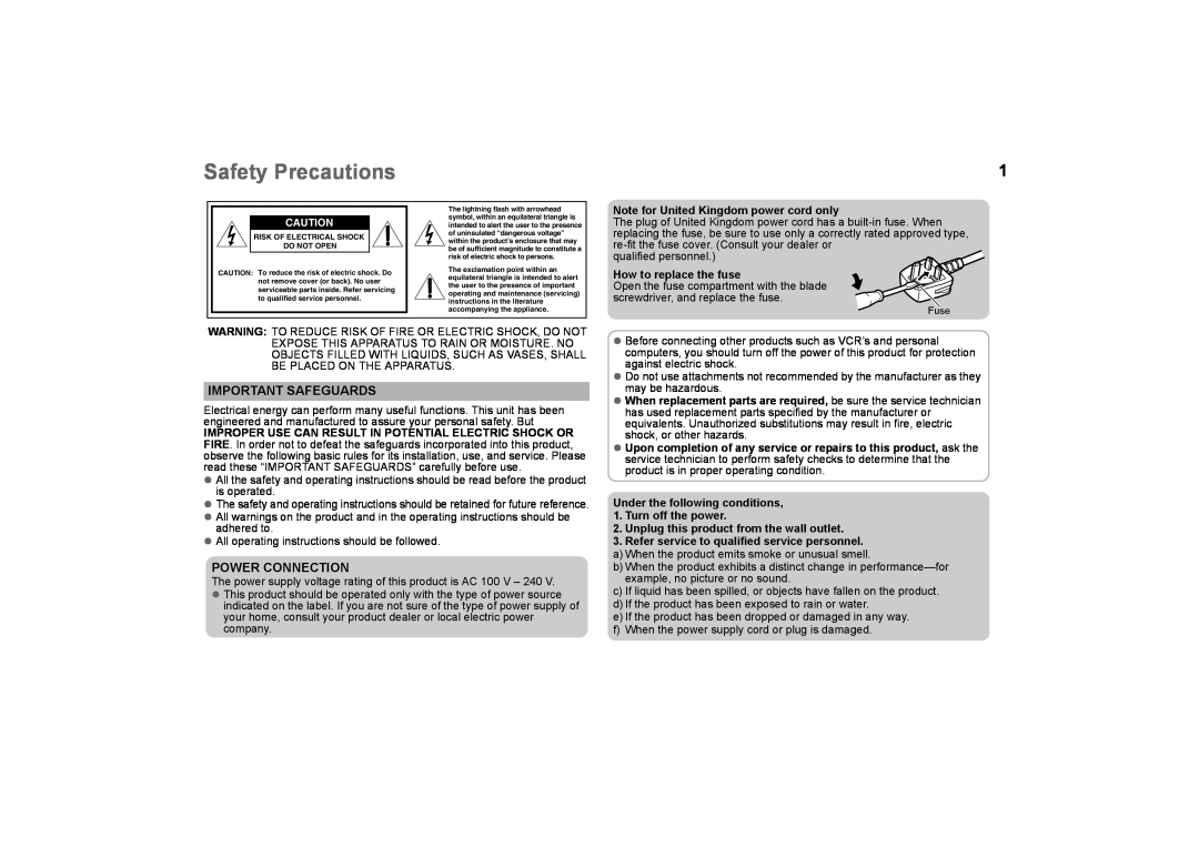 JVC LCT2574-001A-H, GD-463D10E Safety Precautions, Note for United Kingdom power cord only, How to replace the fuse 