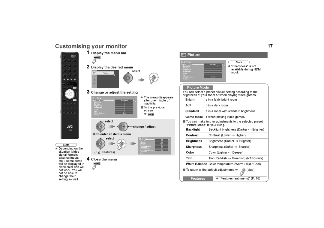 JVC GD-463D10E, GD-463D10U specifications Customising your monitor, Picture Mode, Change or adjust the setting 