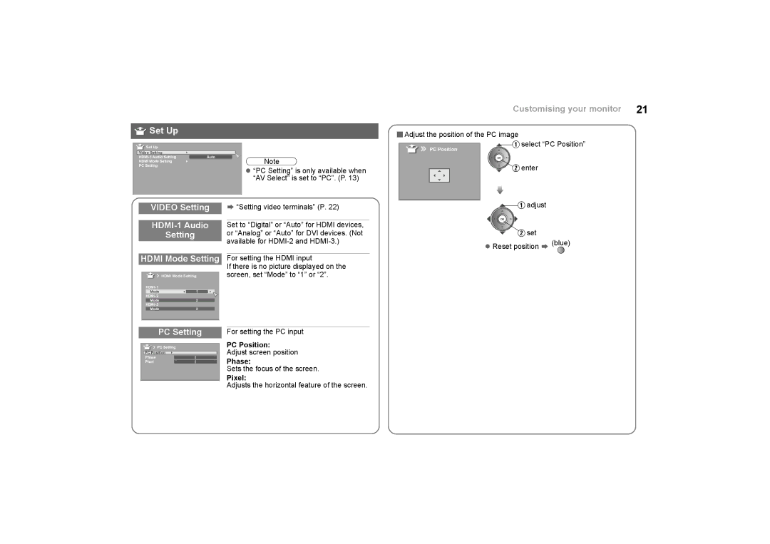 JVC GD-463D10E, GD-463D10U specifications Set Up, Video Setting, HDMI-1 Audio, PC Setting 