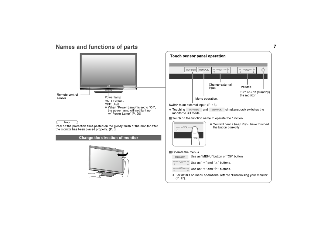 JVC GD-463D10E, GD-463D10U specifications Names and functions of parts, Change the direction of monitor 