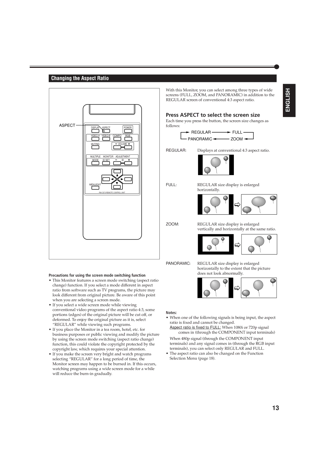 JVC GD-V4200PZW-G, GD-V4200PCE-G, GD V4200PZW Changing the Aspect Ratio, Press Aspect to select the screen size 