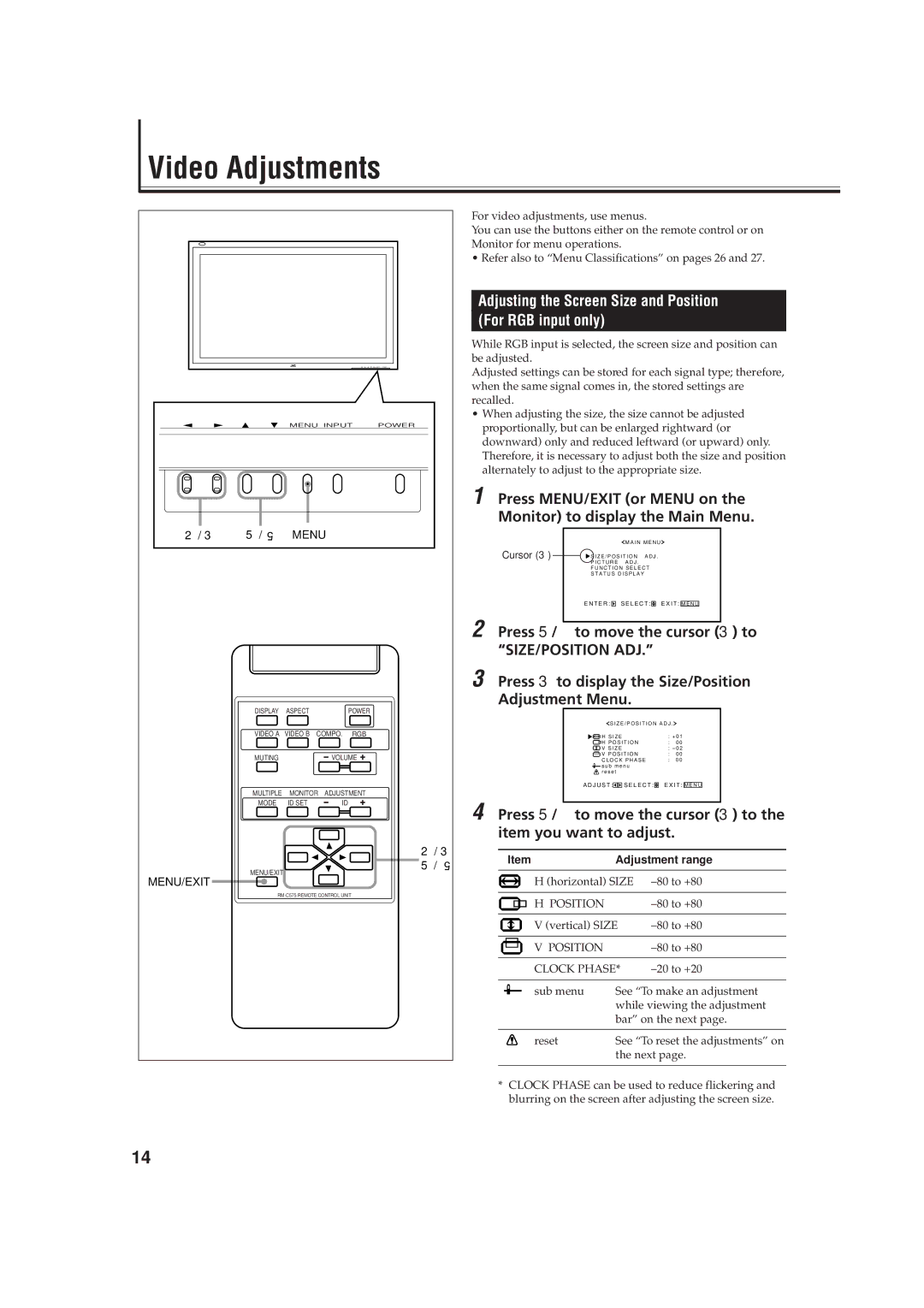 JVC GD-V4200PCE-G, GD-V4200PZW-G, GD V4200PZW Adjusting the Screen Size and Position, For RGB input only, Size/Position Adj 