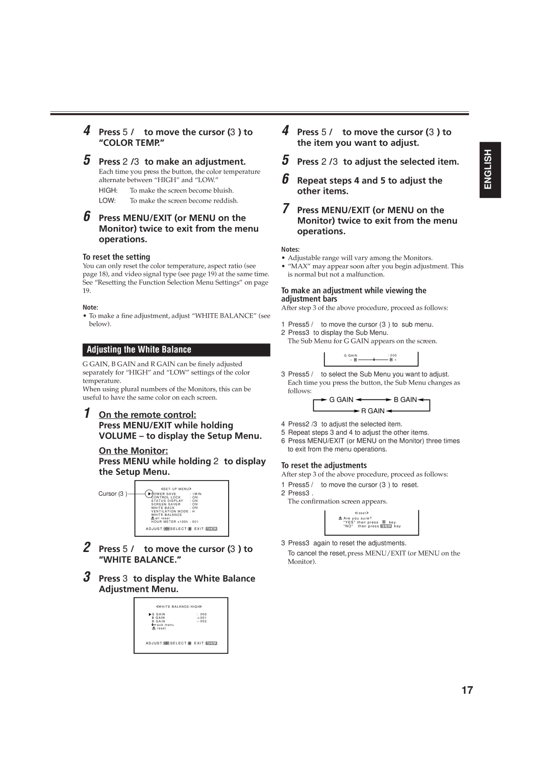 JVC GD-V4200PZW-G, GD-V4200PCE-G, GD V4200PZW specifications Adjusting the White Balance, To reset the setting 