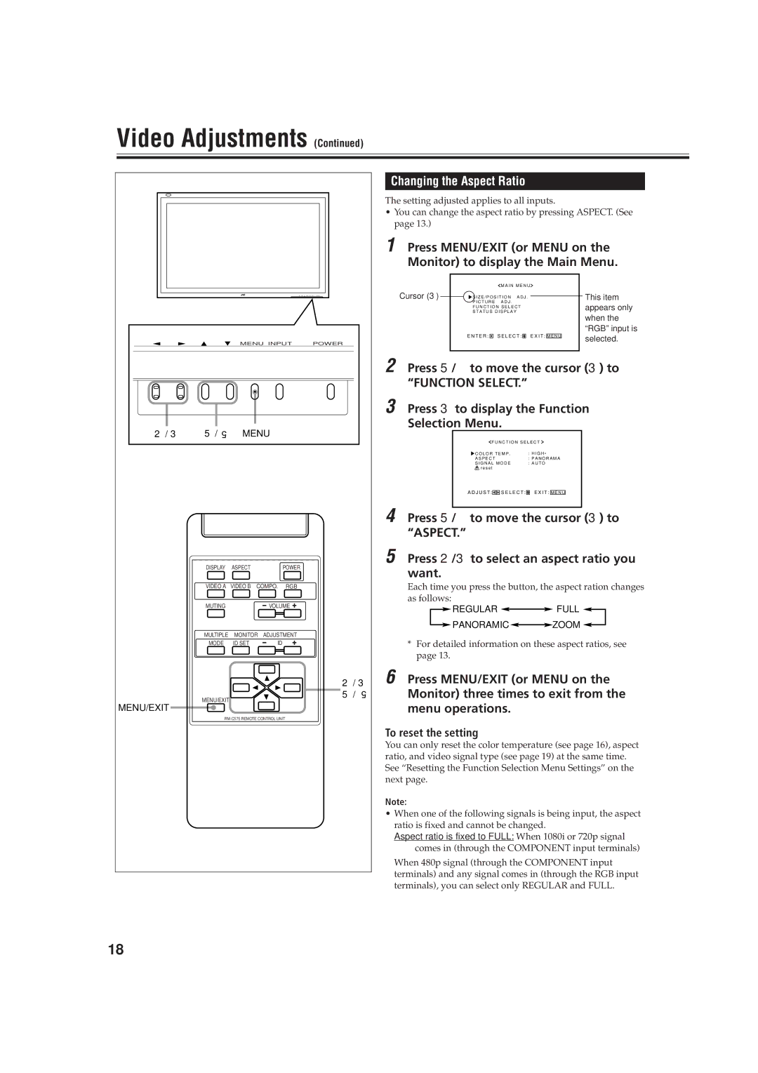 JVC GD-V4200PCE-G Aspect, Press 2/3 to select an aspect ratio you, Want, Monitor three times to exit from, Menu operations 