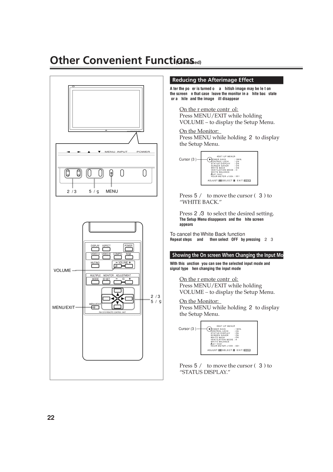 JVC GD-V4200PCE-G Reducing the Afterimage Effect, On the remote control, Press MENU/EXIT while holding, White Back 