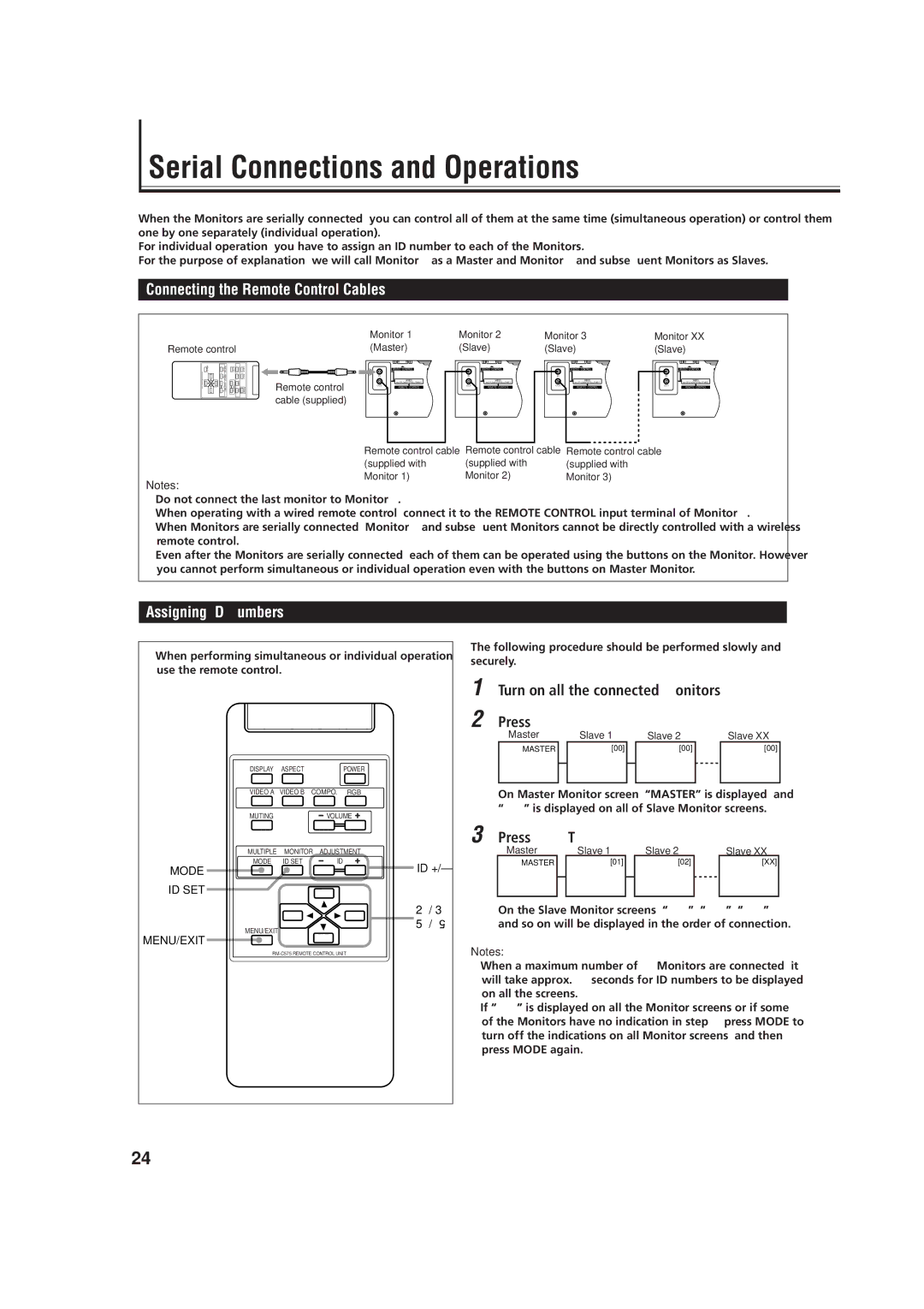 JVC GD-V4200PCE, GD V4200PZW Serial Connections and Operations, Connecting the Remote Control Cables, Assigning ID Numbers 