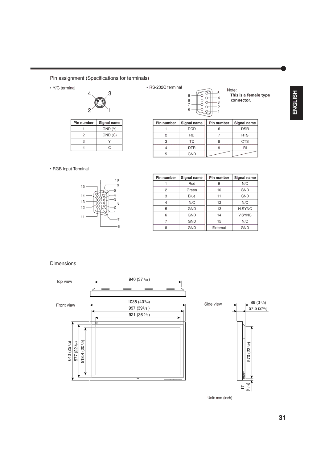 JVC GD V4200PZW, GD-V4200PZW-G, GD-V4200PCE-G specifications Pin assignment Specifications for terminals, Dimensions 