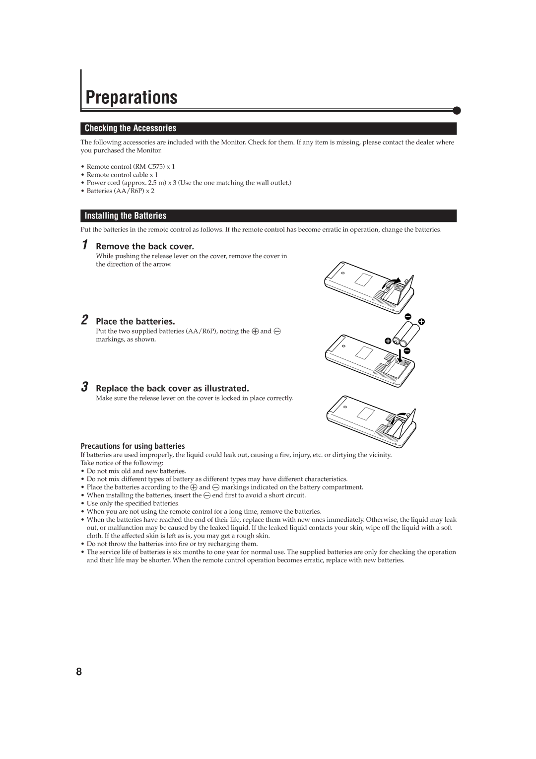 JVC GD-V4200PZW-G, GD-V4200PCE-G, GD V4200PZW Preparations, Checking the Accessories, Installing the Batteries 