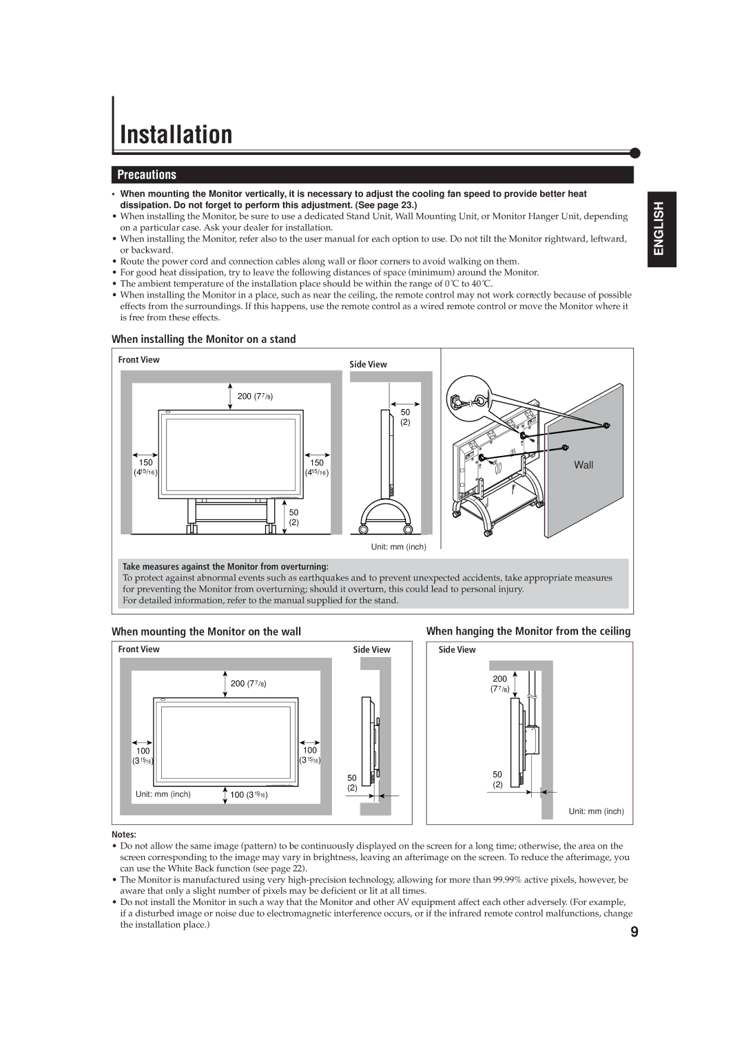 JVC GD-V4200PZW-G Installation, Precautions, When installing the Monitor on a stand, When mounting the Monitor on the wall 