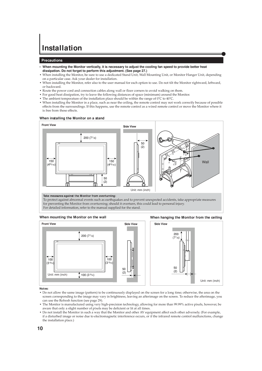 JVC GD-V4211PCE Installation, Precautions, When installing the Monitor on a stand, When mounting the Monitor on the wall 