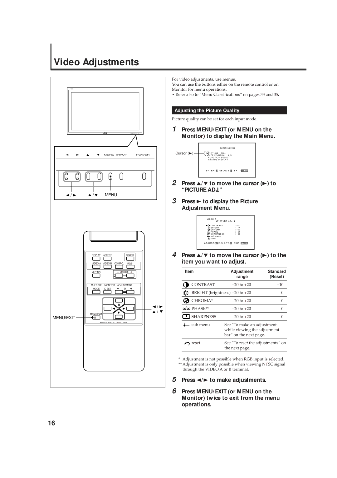 JVC GD-V4210PCE-G, GD-V4211PCE, GD-V4210PZW-G Video Adjustments, Adjusting the Picture Quality, Menu/Exit 