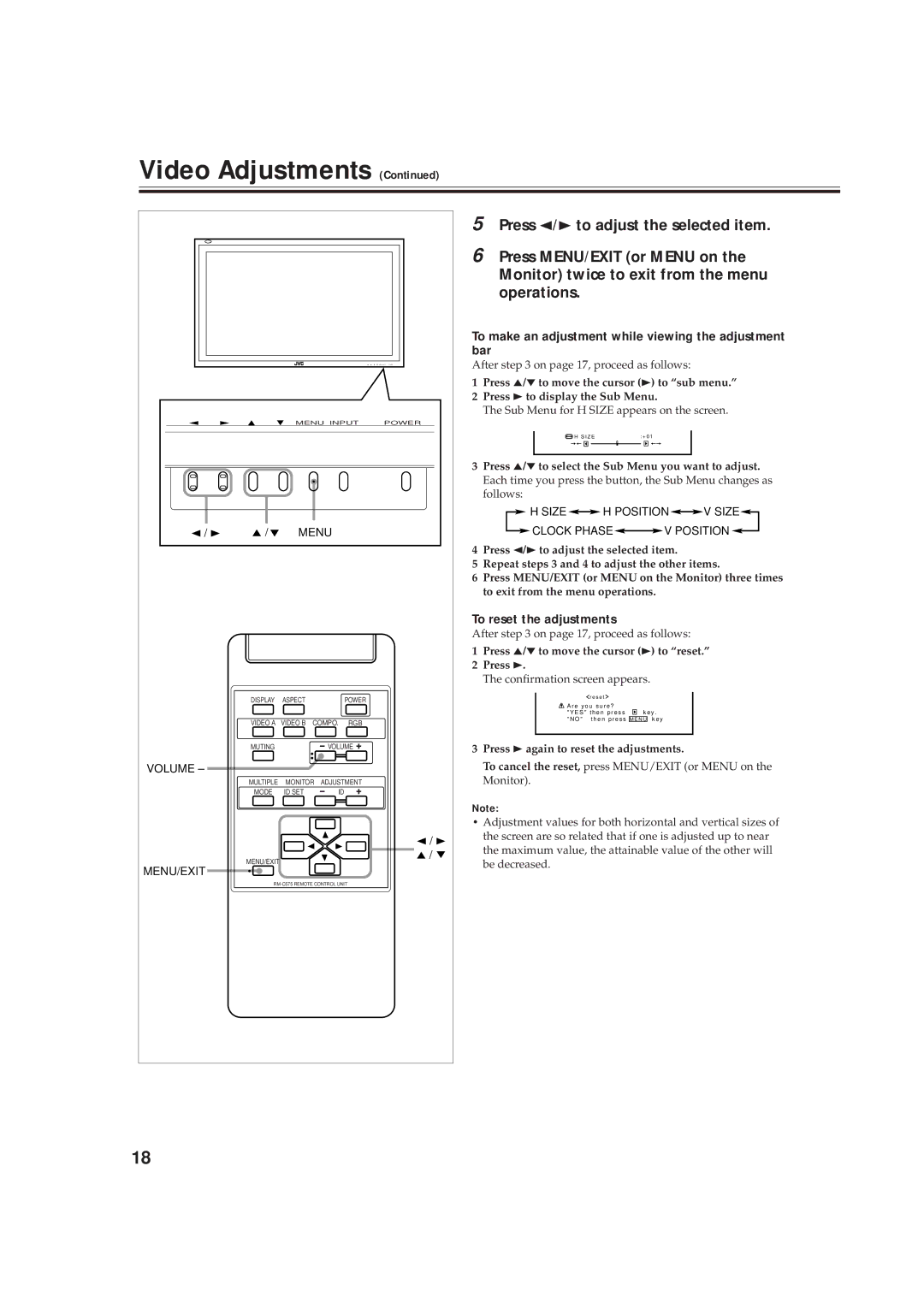 JVC GD-V4210PZW-G Press 2/3 to adjust the selected item, Press MENU/EXIT or Menu on, Monitor twice to exit from the menu 