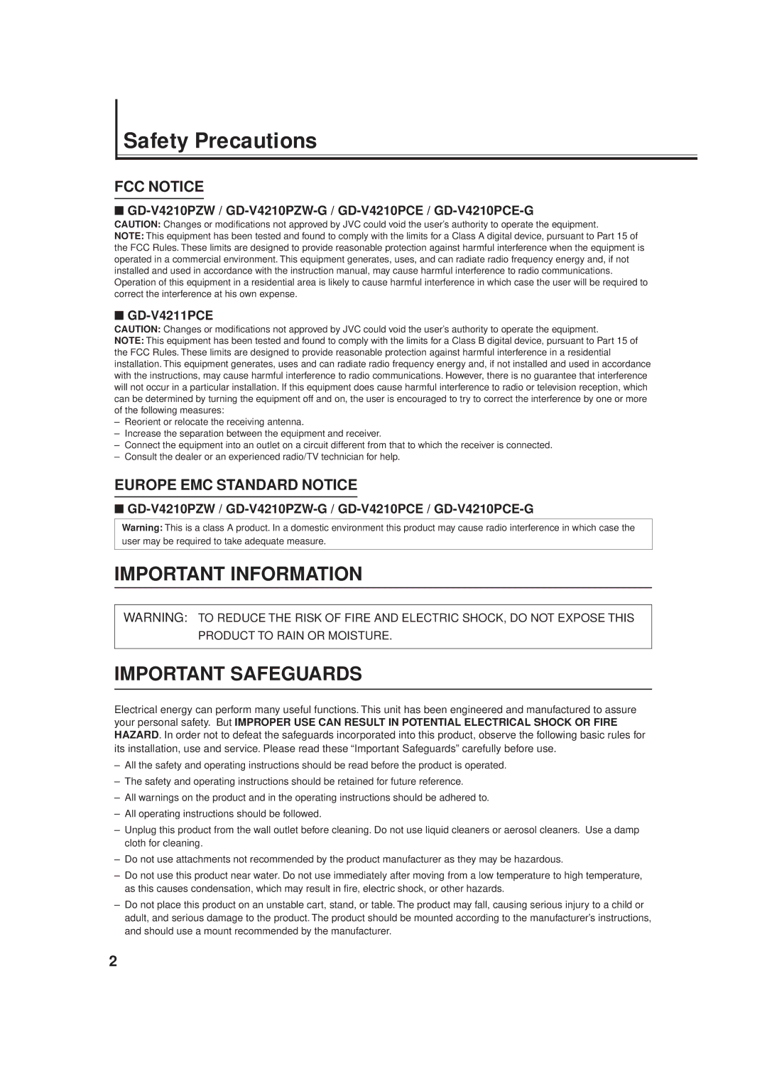 JVC GD-V4211PCE, GD-V4210PCE-G, GD-V4210PZW-G instruction manual Safety Precautions, FCC Notice 