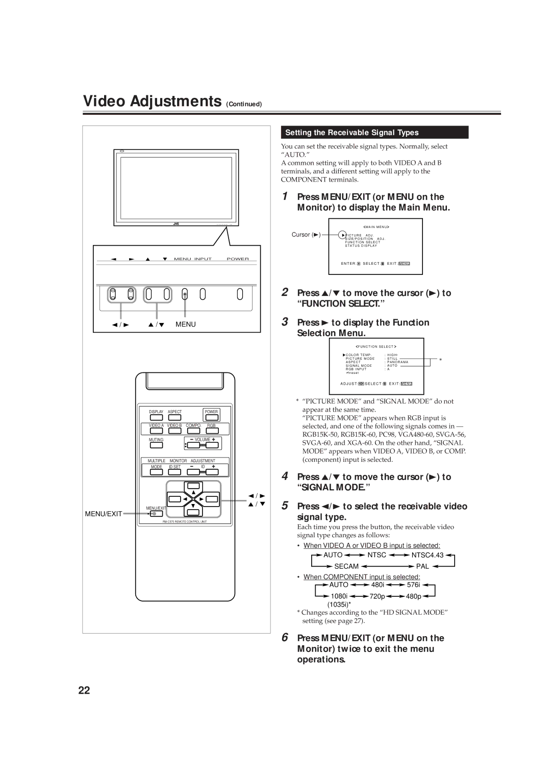 JVC GD-V4211PCE, GD-V4210PCE-G, GD-V4210PZW-G instruction manual Setting the Receivable Signal Types 