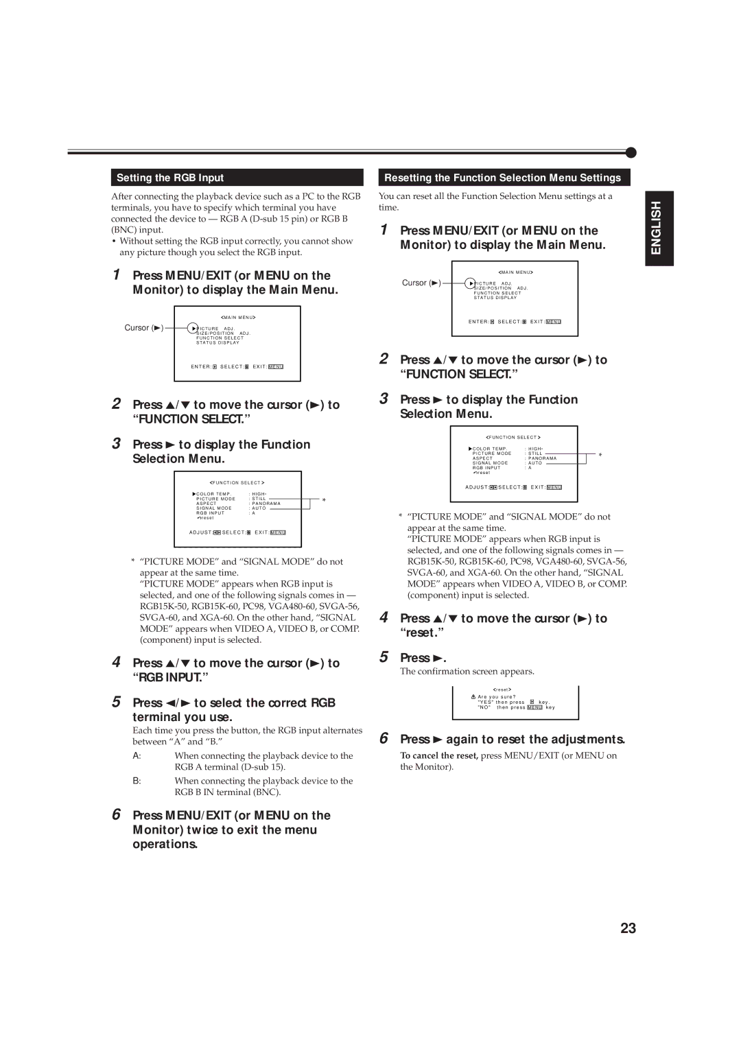 JVC GD-V4210PZW-G, GD-V4211PCE, GD-V4210PCE-G instruction manual Setting the RGB Input 