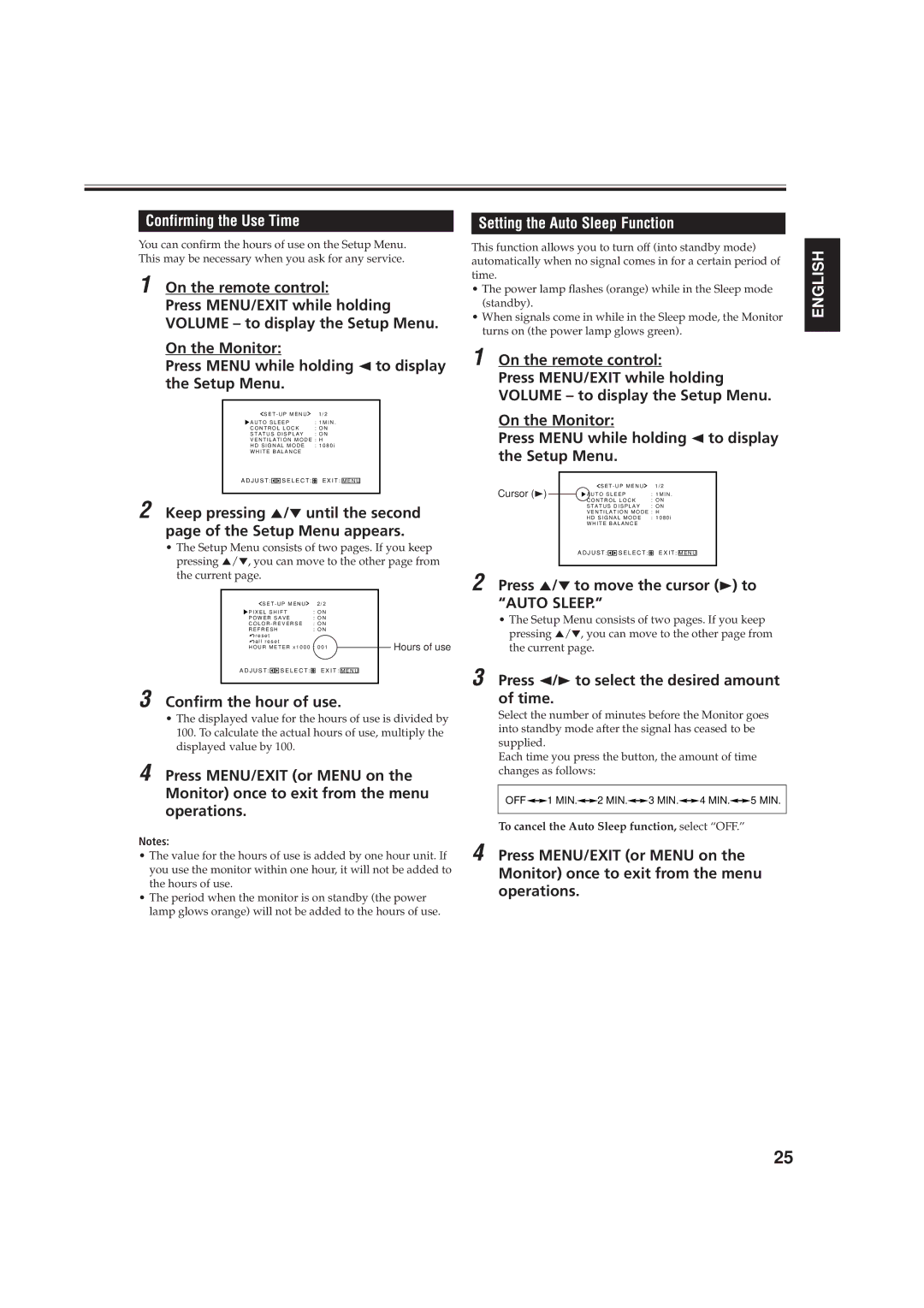 JVC GD-V4211PCE, GD-V4210PCE-G Confirming the Use Time, Confirm the hour of use, Setting the Auto Sleep Function 