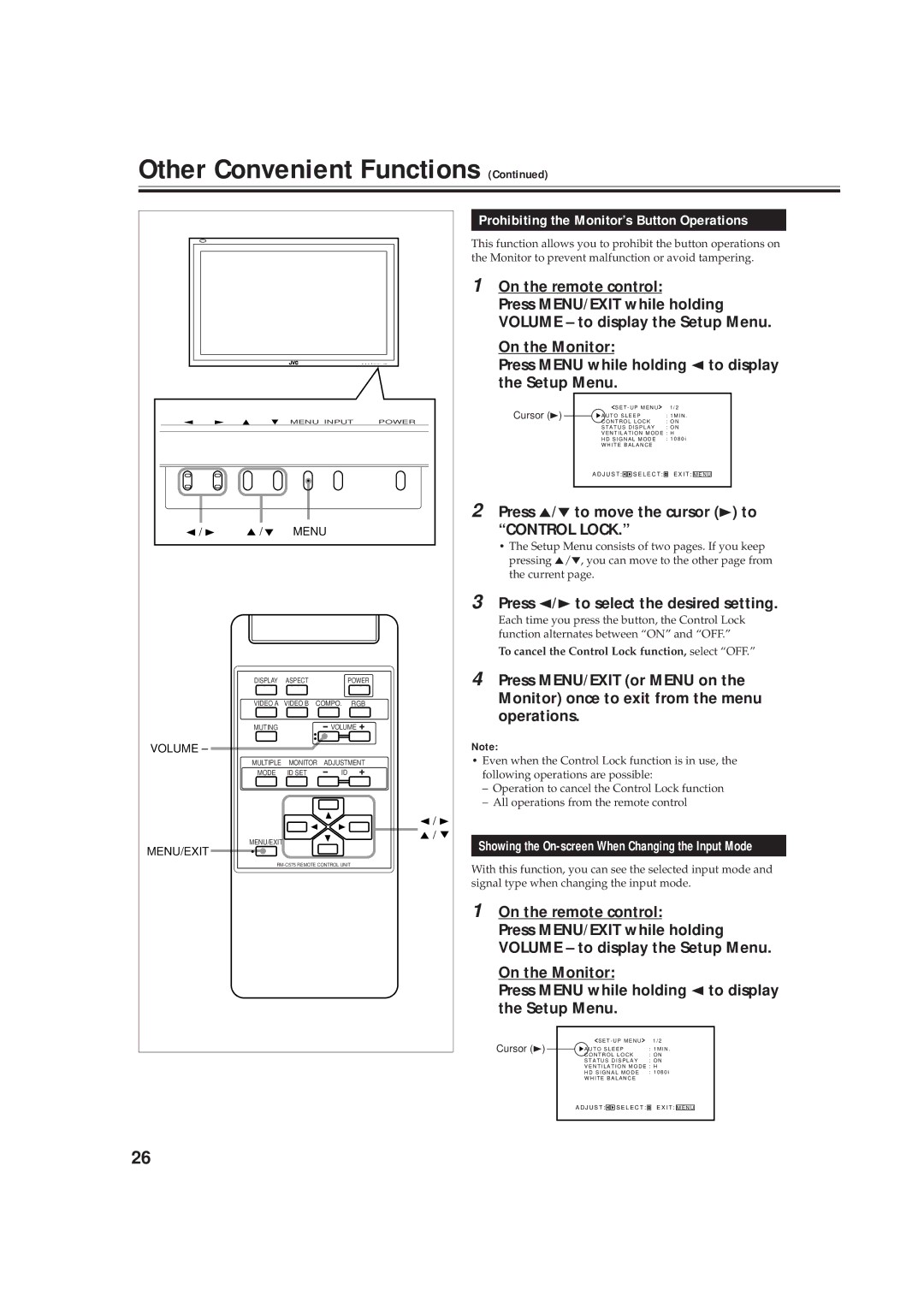 JVC GD-V4210PCE-G, GD-V4211PCE Prohibiting the Monitor’s Button Operations, Press 5/∞ to move the cursor 3 to Control Lock 