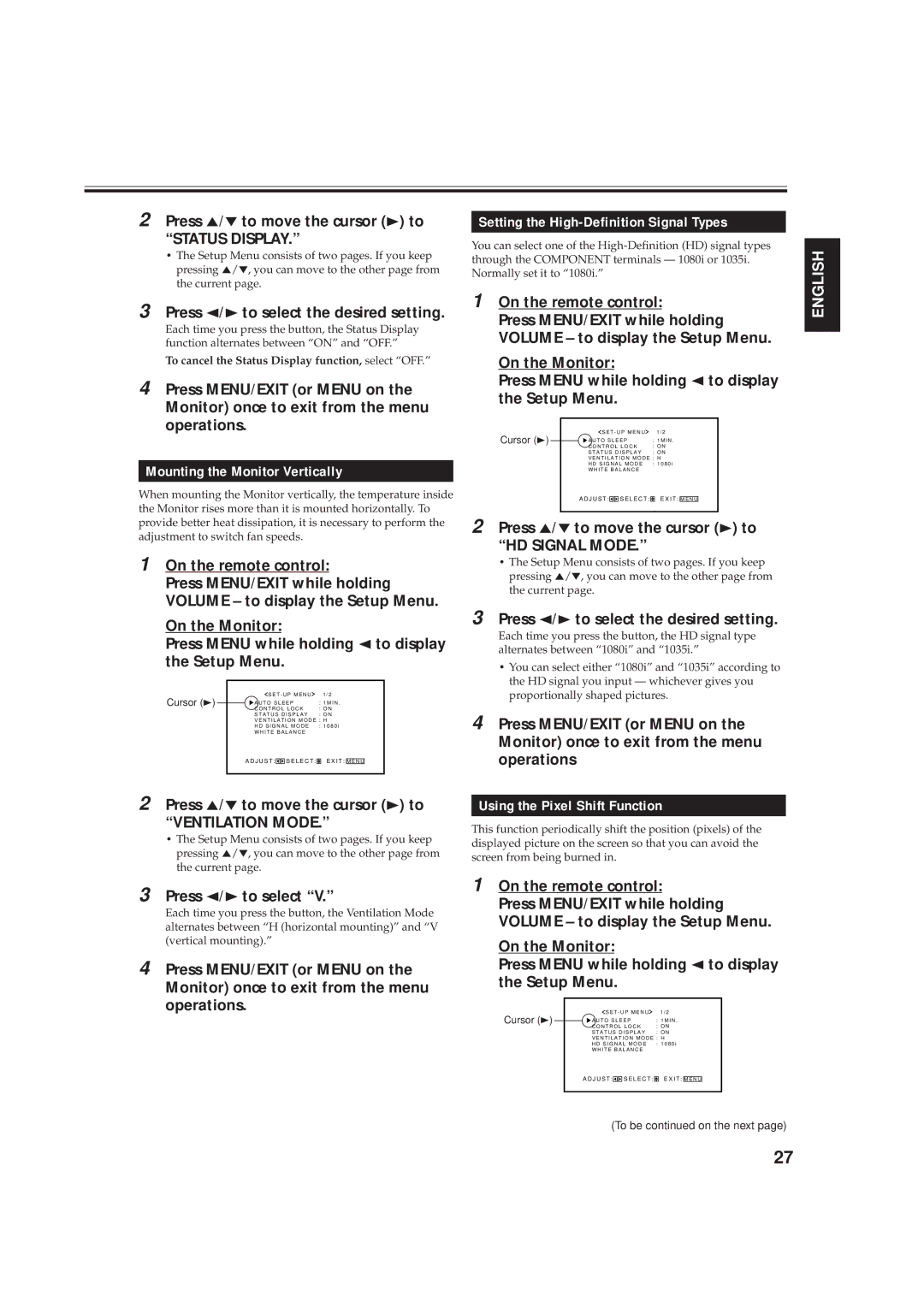 JVC GD-V4210PCE Mounting the Monitor Vertically, Press 2/3 to select, Setting the High-Definition Signal Types 