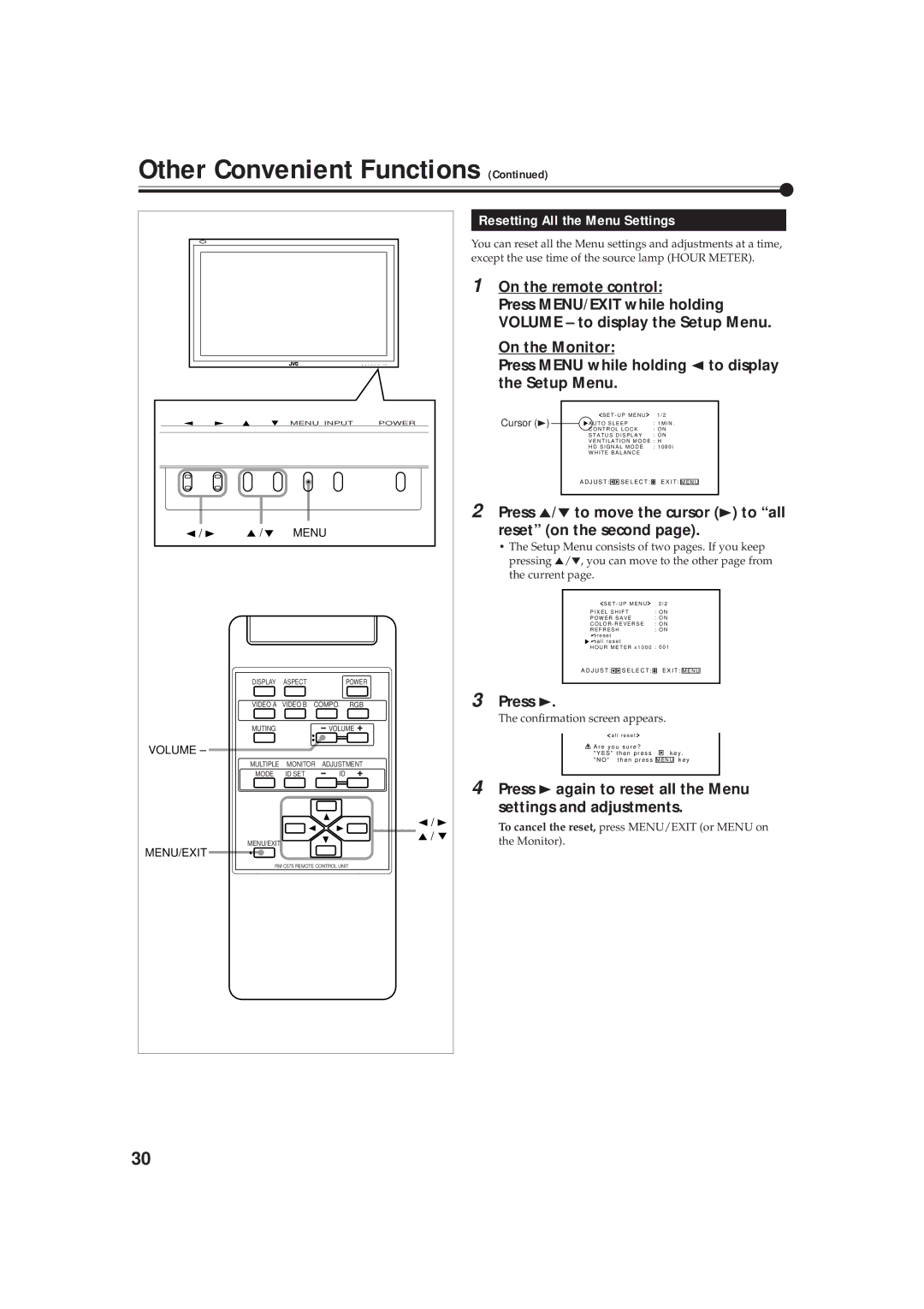 JVC GD-V4211PCE, GD-V4210PCE-G Resetting All the Menu Settings, Press 5/∞ to move the cursor 3 to all reset on the second 