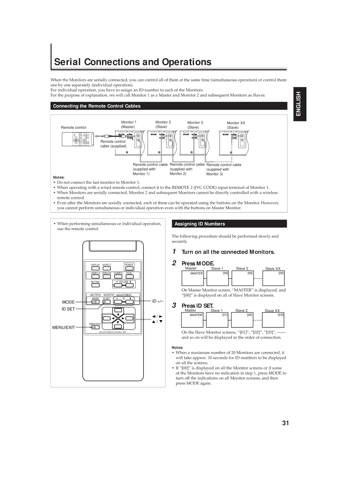 JVC GD-V4210PCE-G Serial Connections and Operations, Connecting the Remote Control Cables, Assigning ID Numbers 