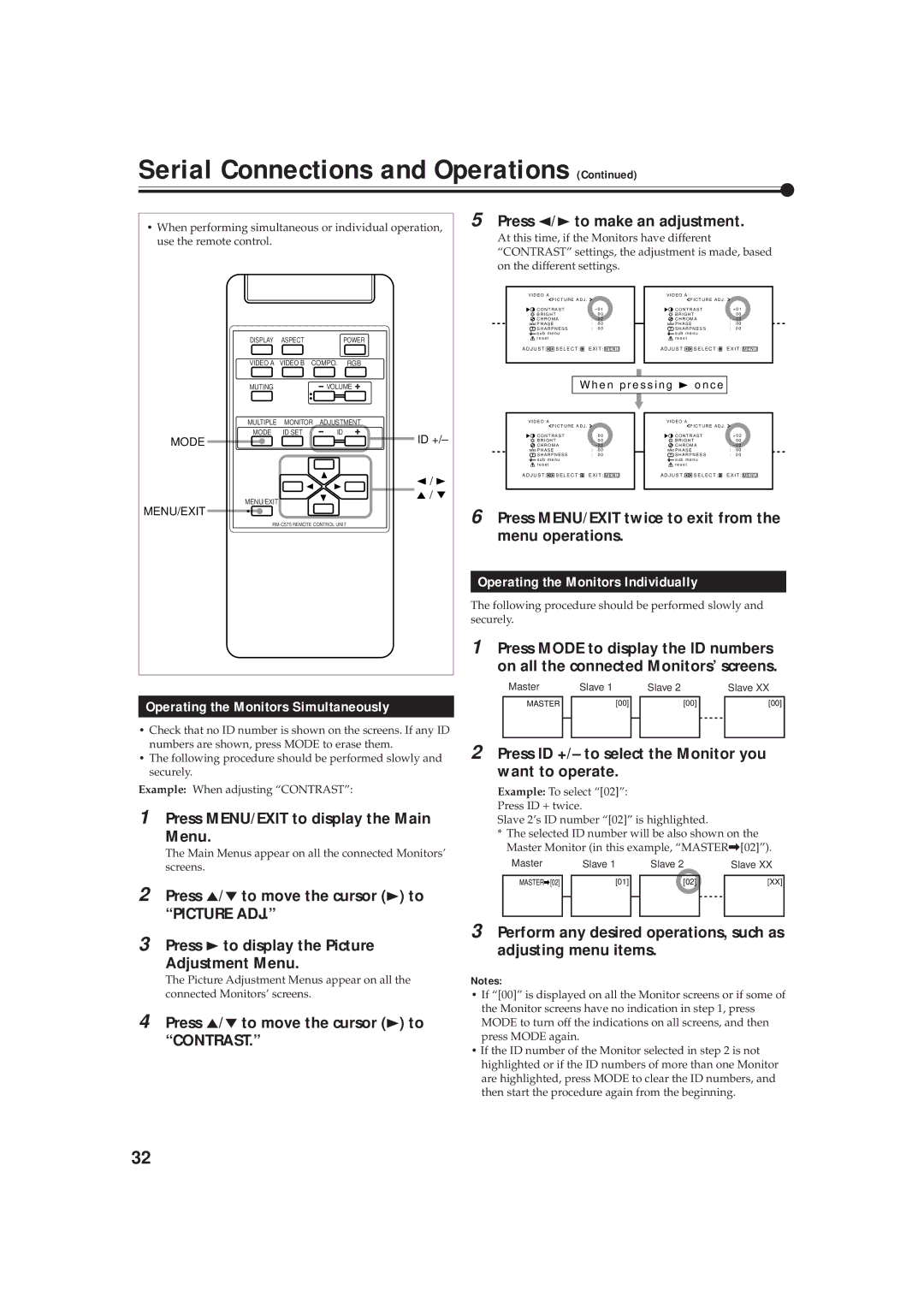 JVC GD-V4211PCE, GD-V4210PCE-G, GD-V4210PZW-G Operating the Monitors Simultaneously, Operating the Monitors Individually 