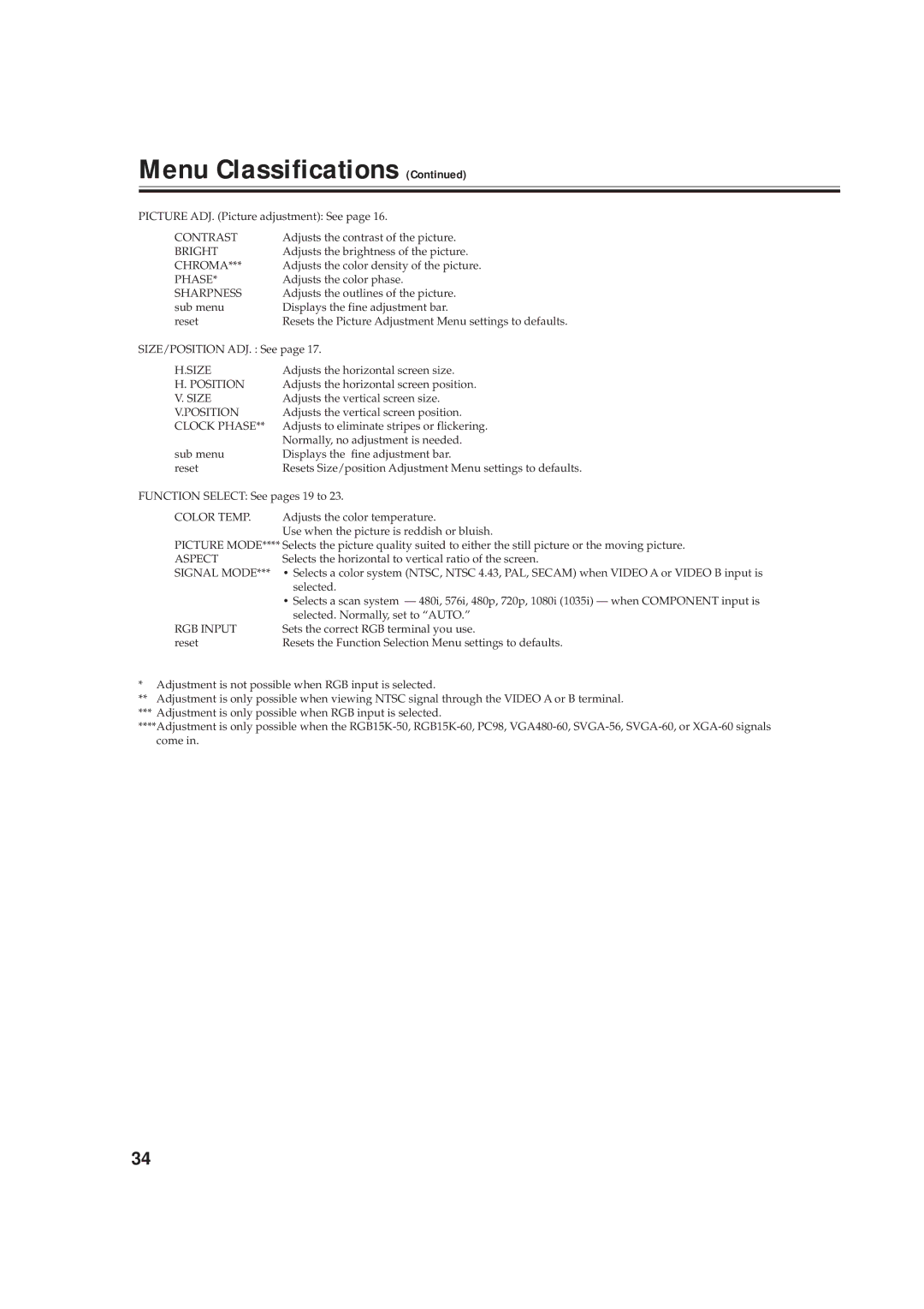 JVC GD-V4211PCE, GD-V4210PCE-G, GD-V4210PZW-G instruction manual Bright, Size, Color Temp, Aspect, Signal Mode, RGB Input 