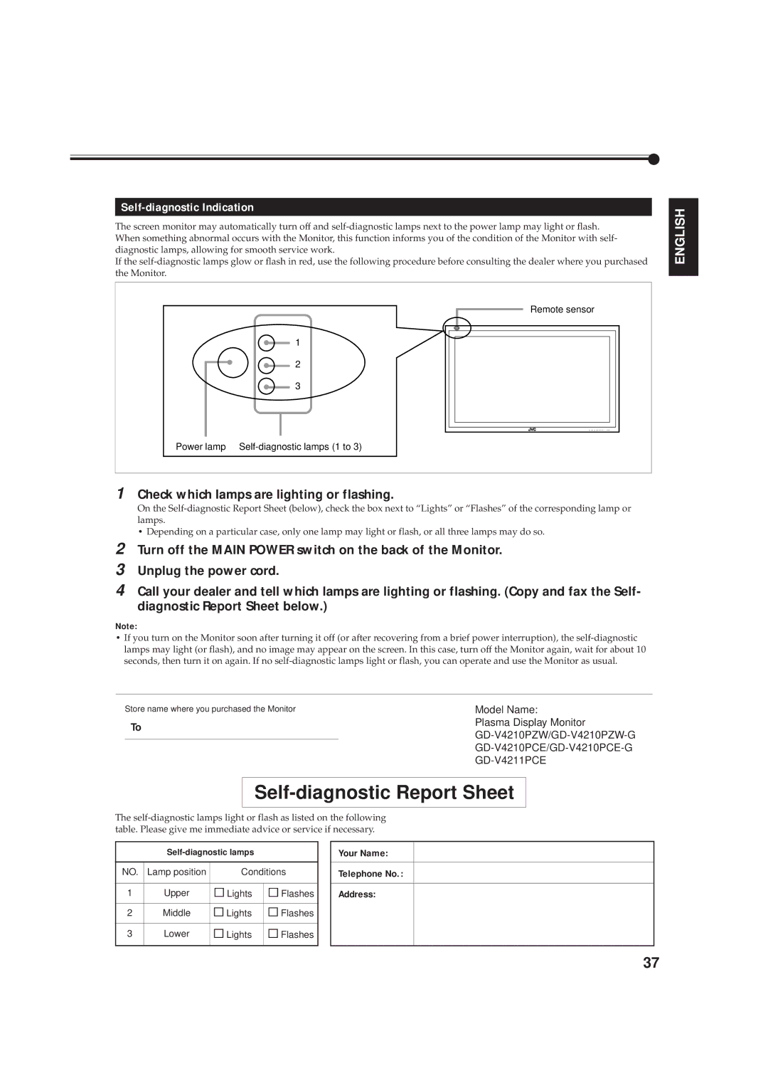 JVC GD-V4211PCE, GD-V4210PCE-G, GD-V4210PZW-G instruction manual Your Name Telephone No Address 