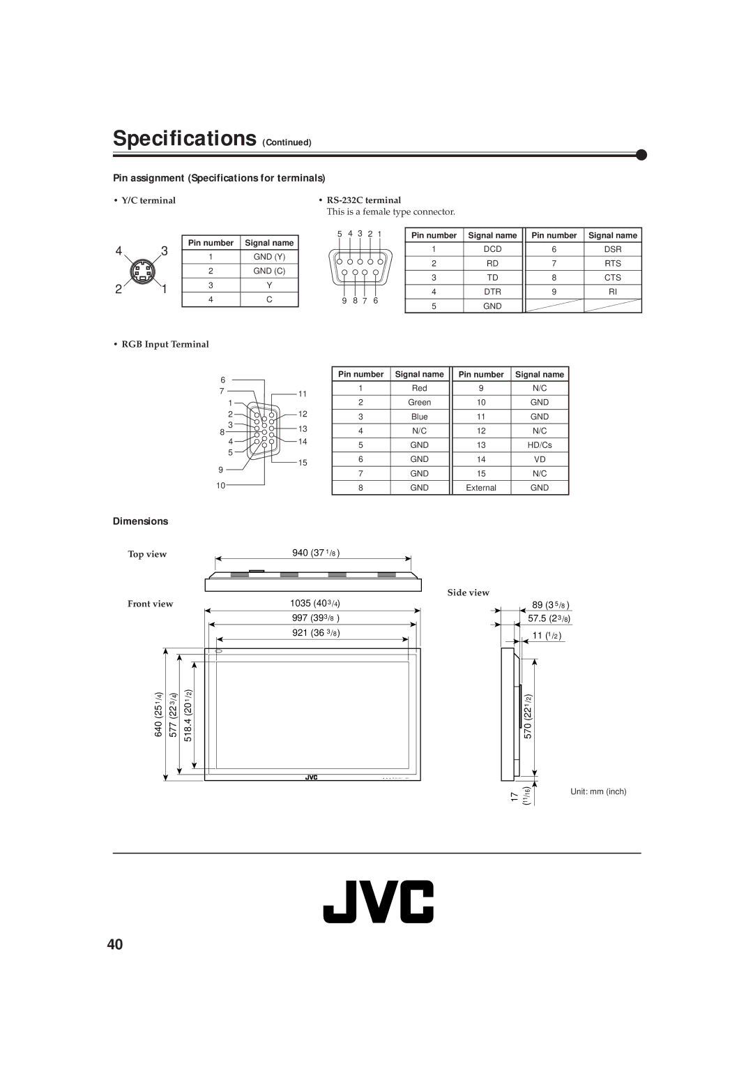 JVC GD-V4211PCE, GD-V4210PCE-G, GD-V4210PZW-G instruction manual Pin assignment Specifications for terminals, Dimensions 