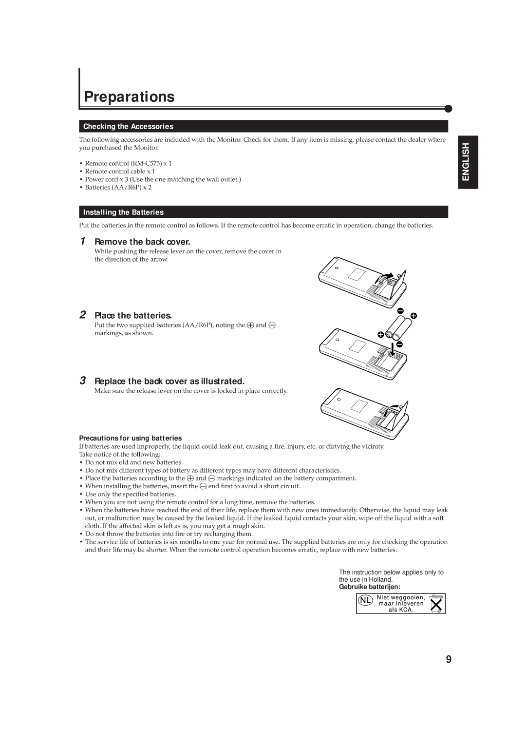 JVC GD-V4211PCE, GD-V4210PCE-G, GD-V4210PZW-G Preparations, Checking the Accessories, Installing the Batteries 