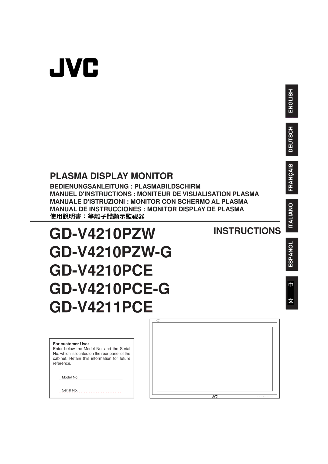 JVC GD-V4211PCE, GD-V4210PCE-G, GD-V4210PZW-G manual Plasma Display Monitor 