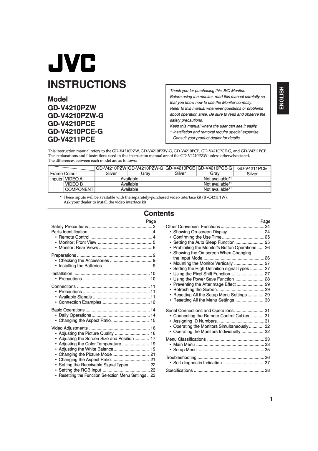 JVC GD-V4210PCE-G, GD-V4211PCE, GD-V4210PZW-G instruction manual Instructions, English, Contents 
