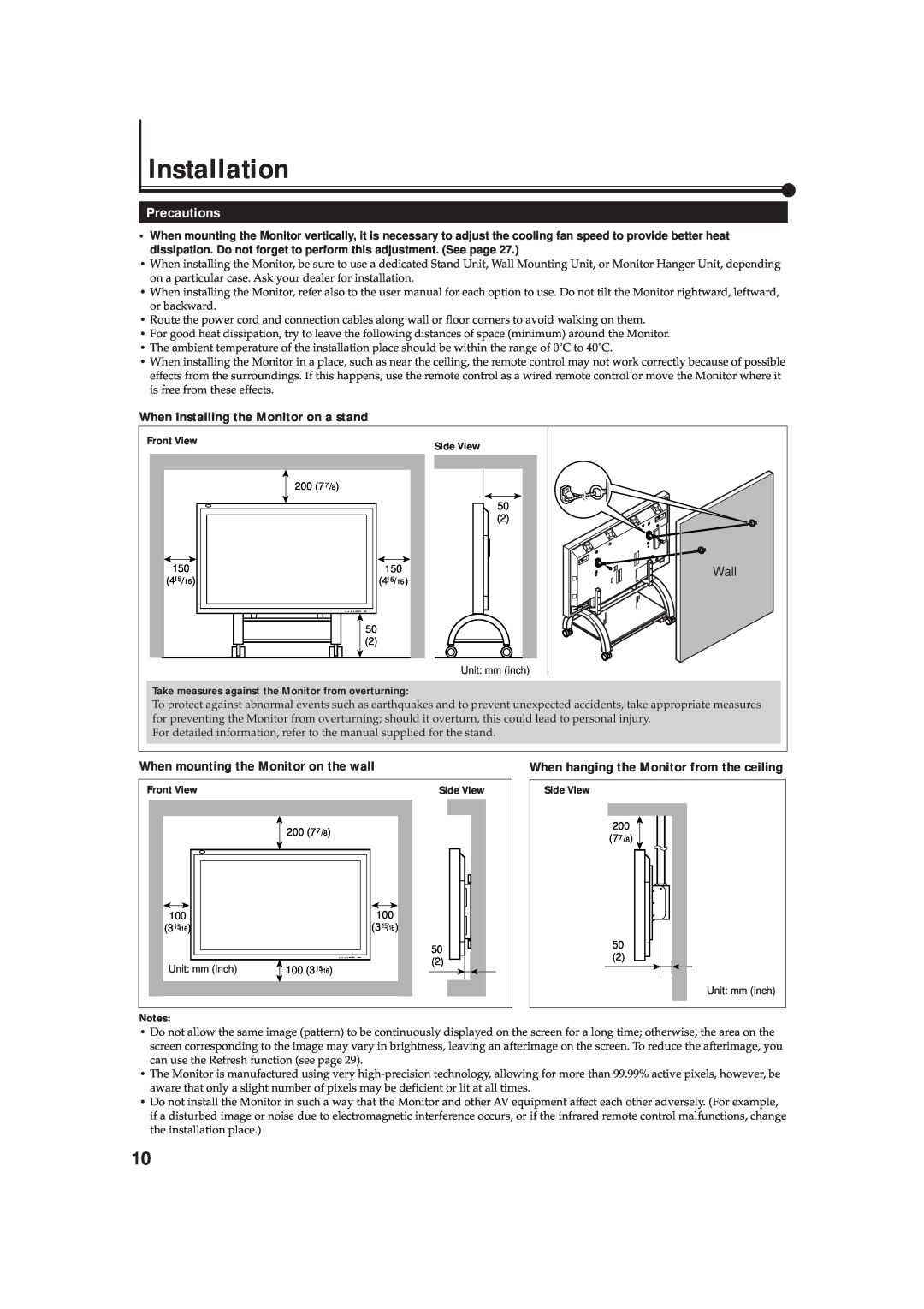 JVC GD-V4211PCE Installation, Precautions, When installing the Monitor on a stand, When mounting the Monitor on the wall 
