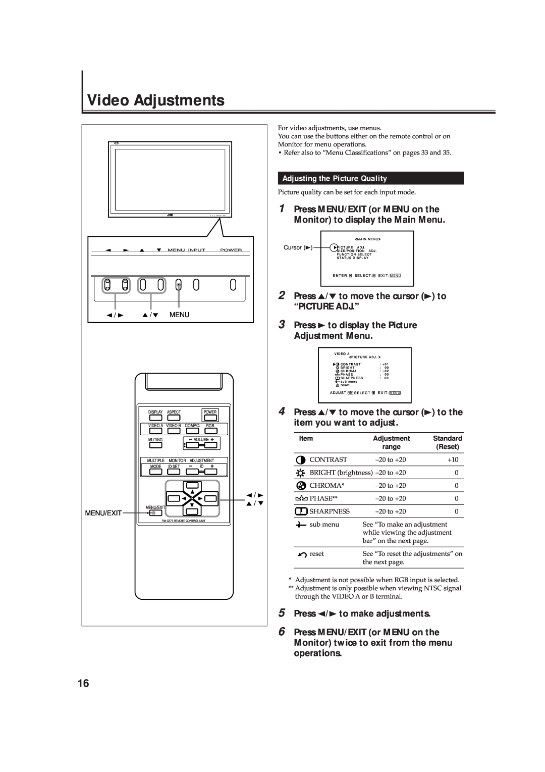 JVC GD-V4210PCE-G, GD-V4211PCE, GD-V4210PZW-G instruction manual Video Adjustments, Adjusting the Picture Quality 