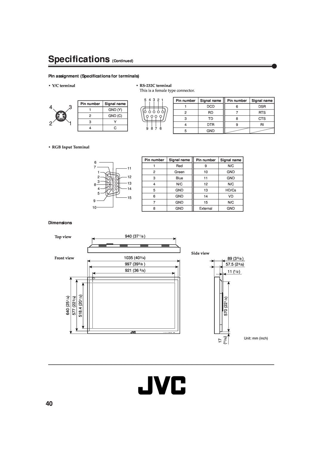 JVC GD-V4211PCE Specifications Continued, Pin assignment Specifications for terminals, Dimensions, Pin number, Signal name 