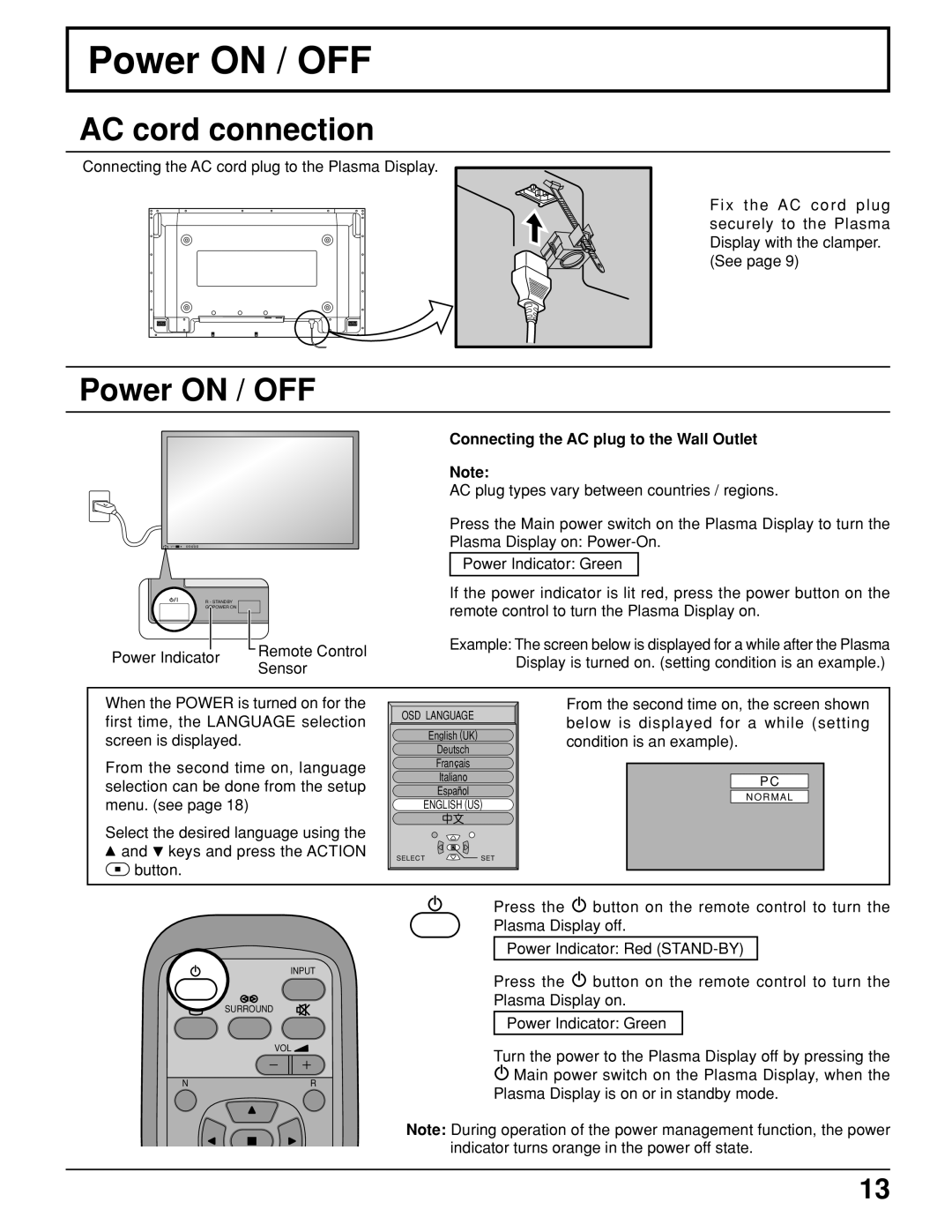 JVC GD V502U, GD-V422U manual Power on / OFF, AC cord connection, Connecting the AC plug to the Wall Outlet 