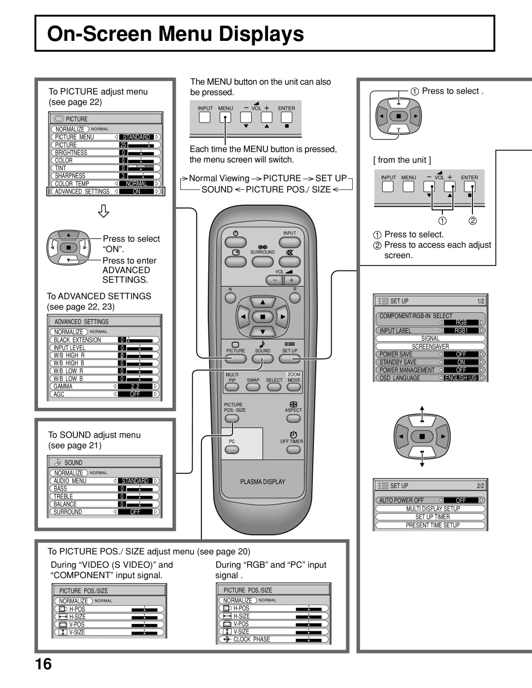 JVC GD-V422U, GD V502U manual On-Screen Menu Displays, Advanced, Settings 