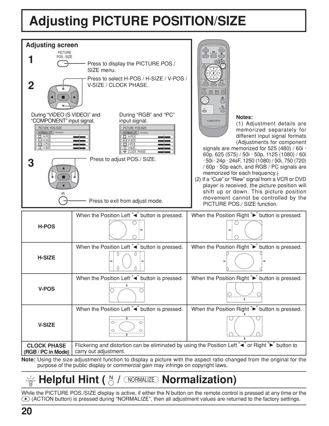 JVC GD-V422U, GD V502U manual Adjusting Picture POSITION/SIZE, Helpful Hint N / Normalize Normalization, Adjusting screen 