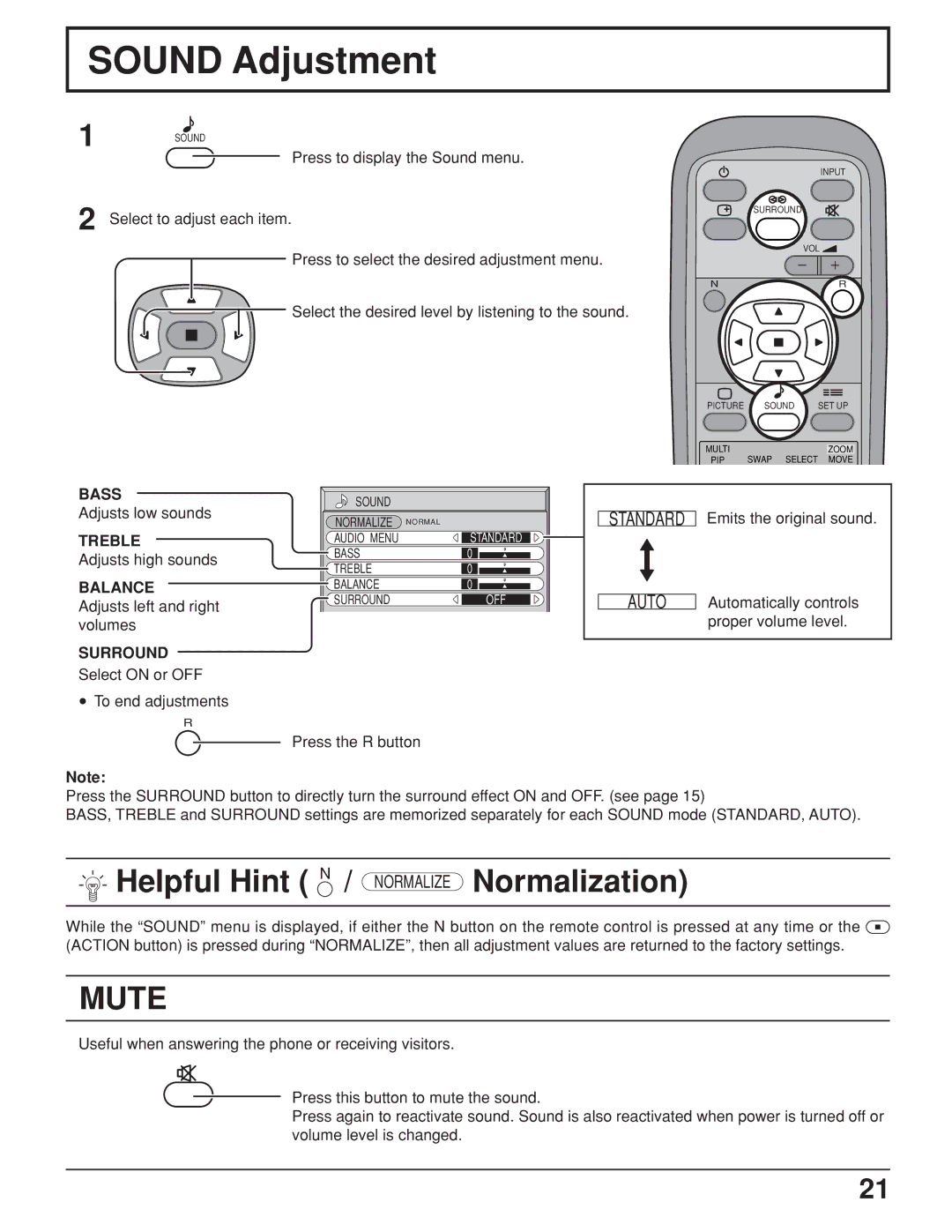 JVC GD V502U, GD-V422U manual Sound Adjustment, Mute 