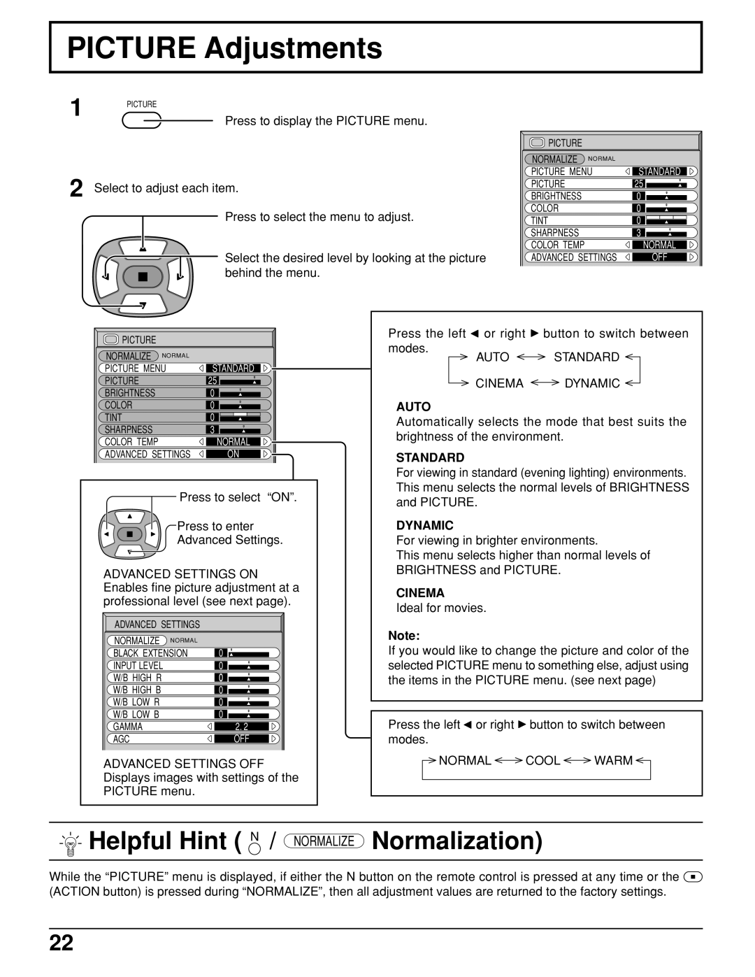 JVC GD-V422U, GD V502U manual Picture Adjustments, Auto Standard Cinema Dynamic, Normal Cool Warm 